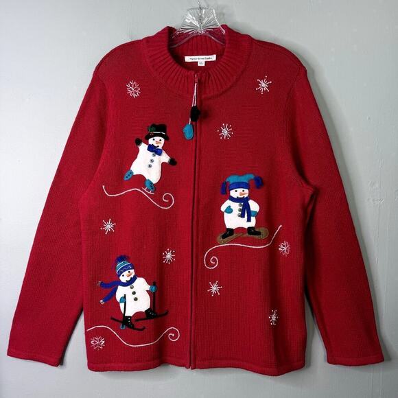 Mercer Street Studio Winter Sport Snowman Red Full Zip Cardigan Sweater Womens L - Picture 1 of 12